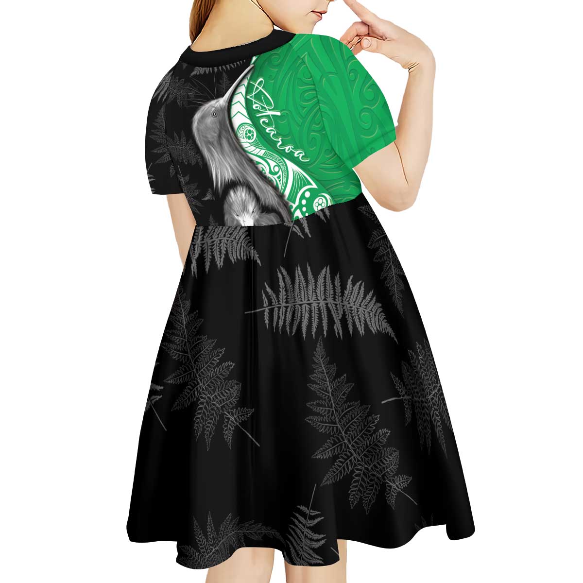 New Zealand Aotearoa Kid Short Sleeve Dress Kiwi Fern Maori Pattern Green Version