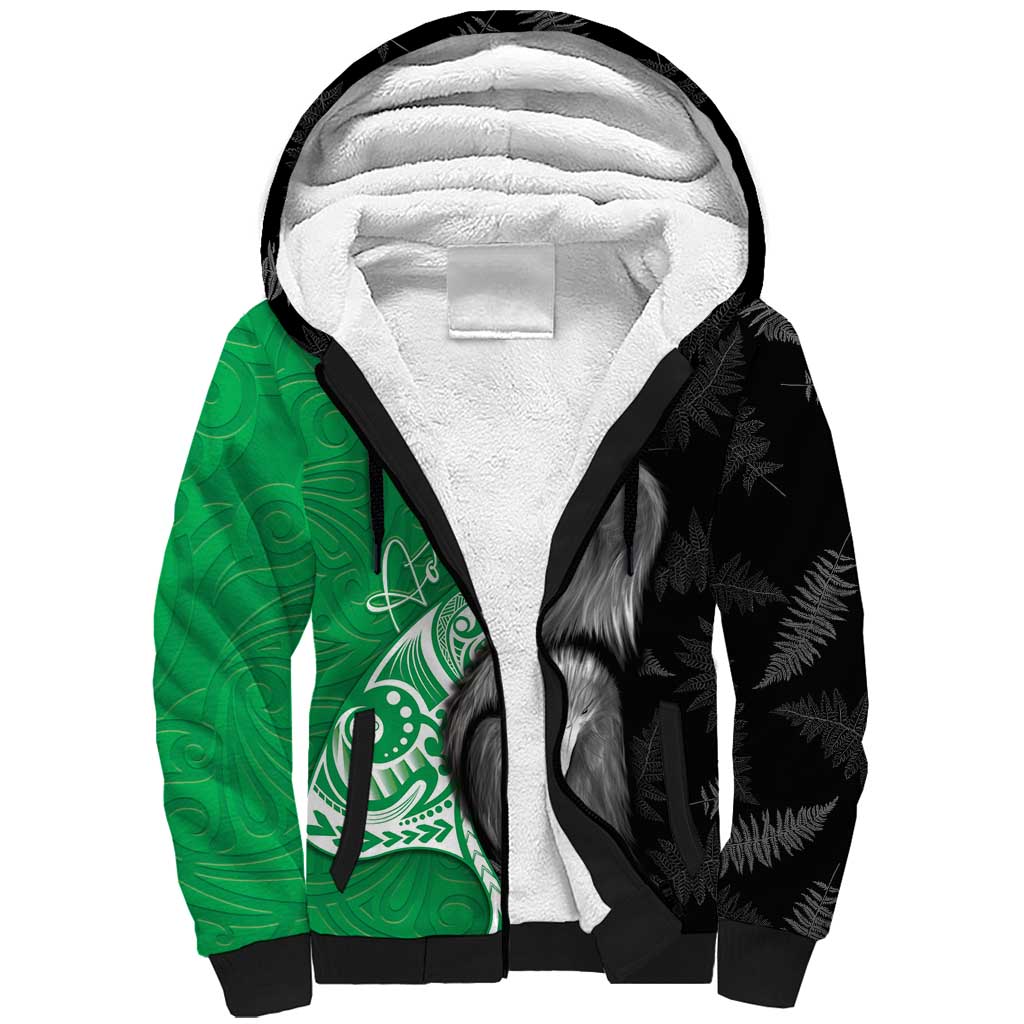 New Zealand Aotearoa Sherpa Hoodie Kiwi Fern Maori Pattern Green Version