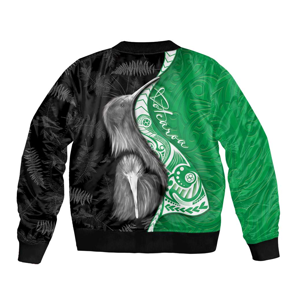 New Zealand Aotearoa Sleeve Zip Bomber Jacket Kiwi Fern Maori Pattern Green Version