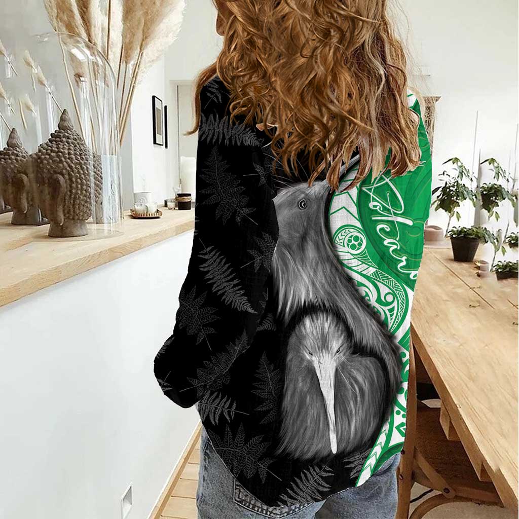 New Zealand Aotearoa Women Casual Shirt Kiwi Fern Maori Pattern Green Version
