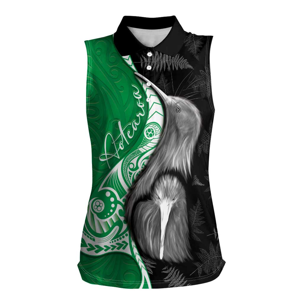 New Zealand Aotearoa Women Sleeveless Polo Shirt Kiwi Fern Maori Pattern Green Version