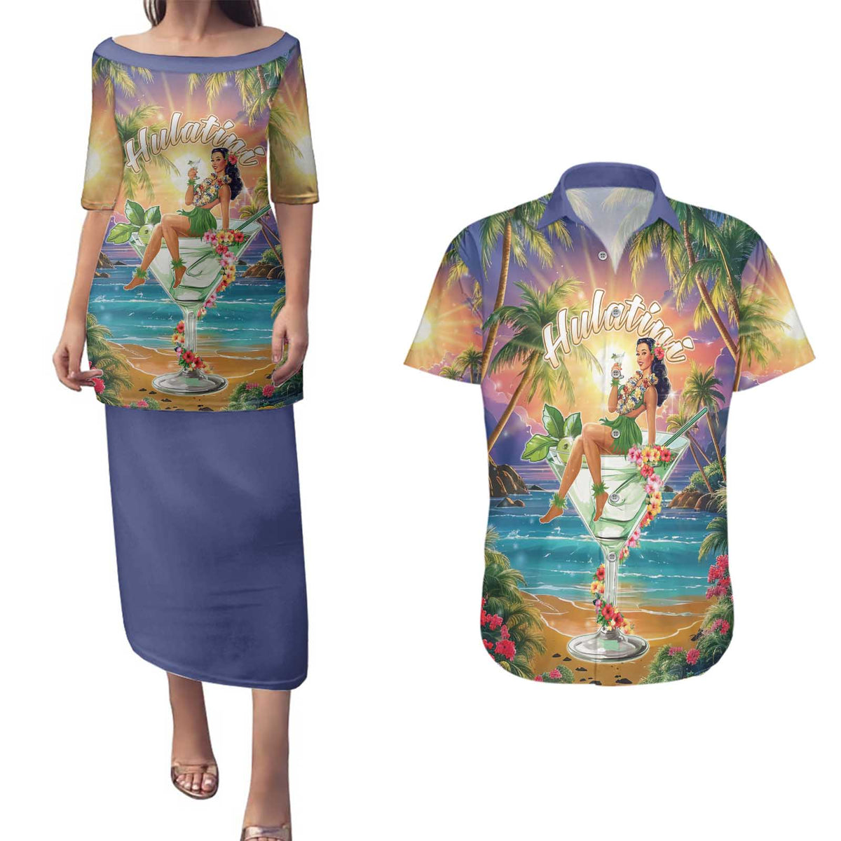 Aloha Hawaii Couples Matching Puletasi and Hawaiian Shirt Hula Martini Tropical Vibes - Polynesian Pride