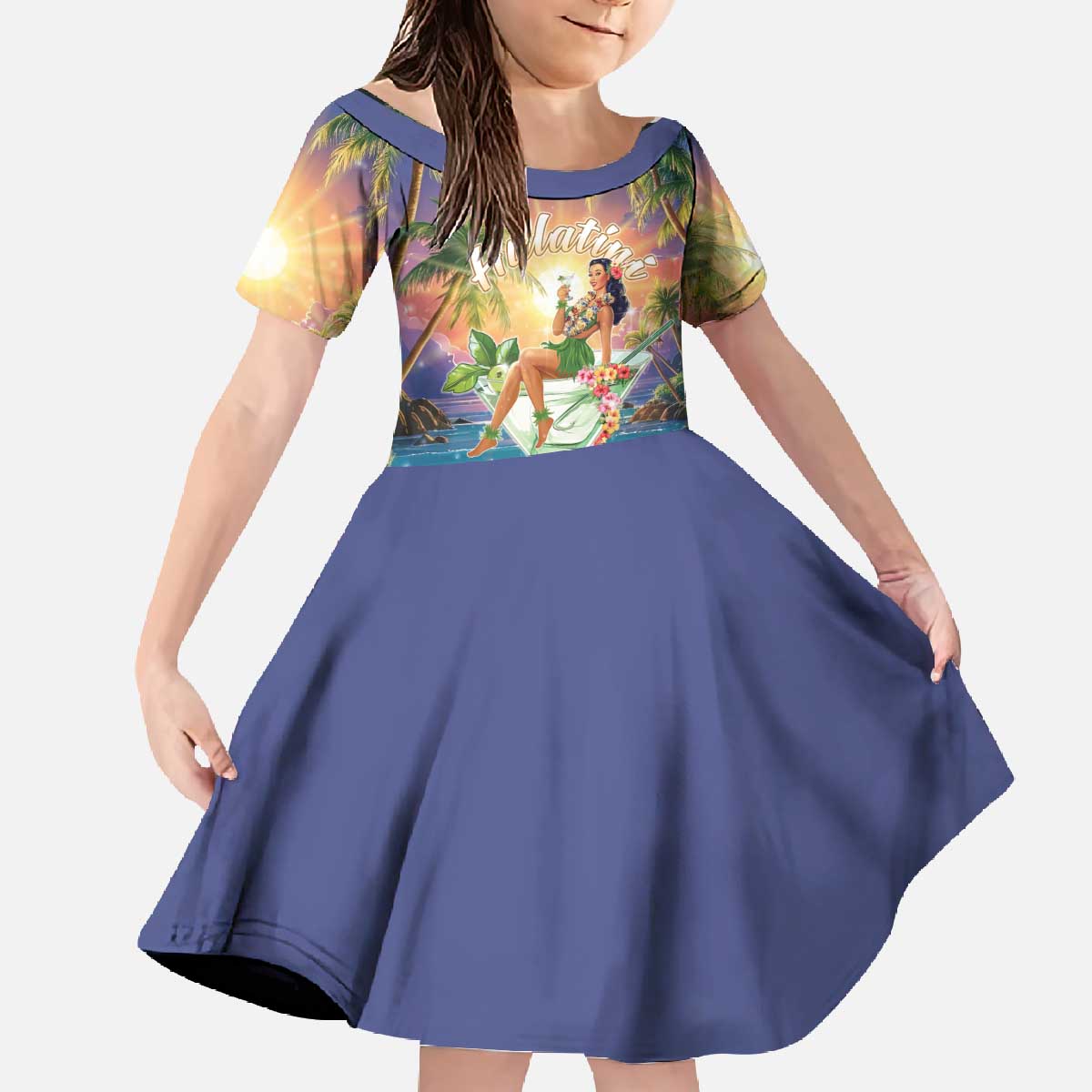 Aloha Hawaii Family Matching Off The Shoulder Long Sleeve Dress and Hawaiian Shirt Hula Martini Tropical Vibes LT05 Daughter's Dress Colorful - Polynesian Pride