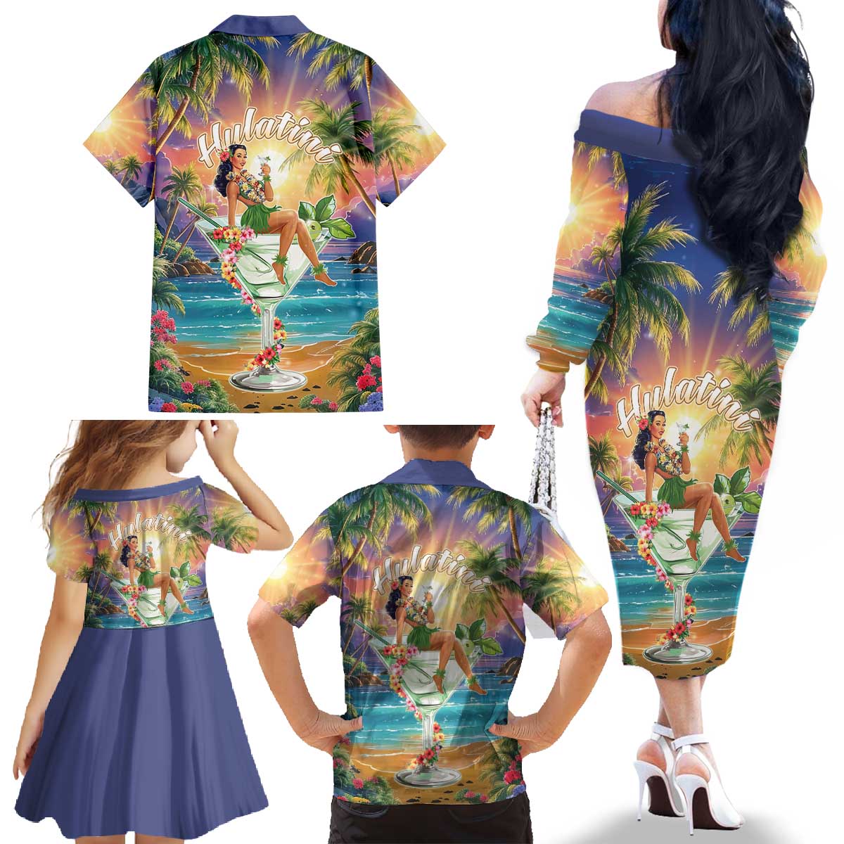 Aloha Hawaii Family Matching Off The Shoulder Long Sleeve Dress and Hawaiian Shirt Hula Martini Tropical Vibes LT05 - Polynesian Pride