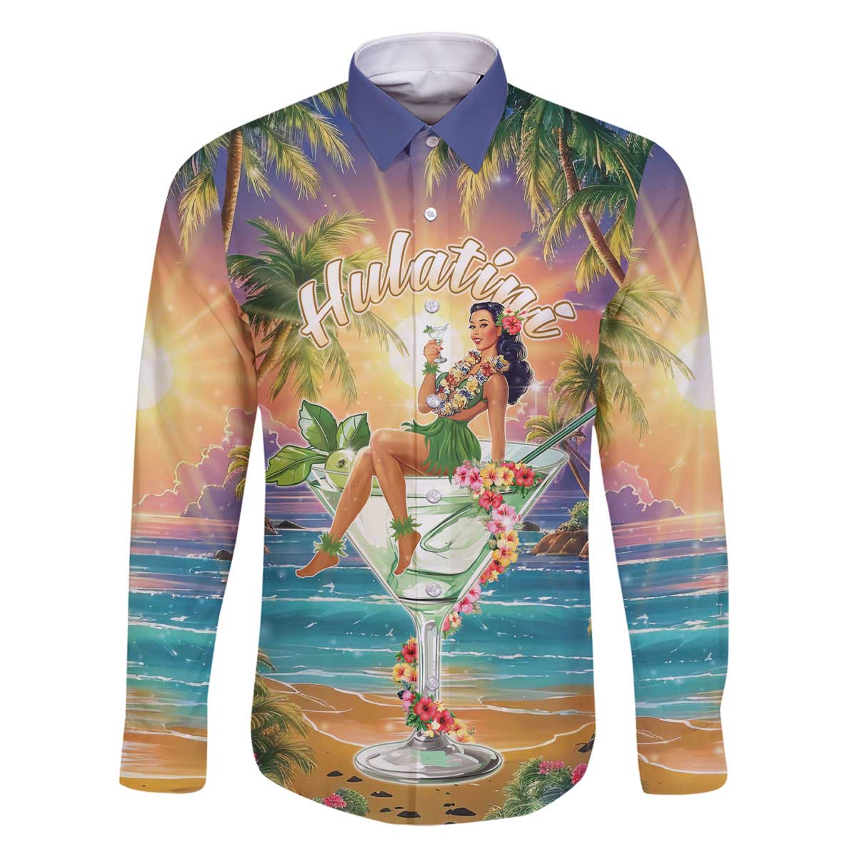 Aloha Hawaii Family Matching Off The Shoulder Long Sleeve Dress and Hawaiian Shirt Hula Martini Tropical Vibes LT05 Dad's Shirt - Long Sleeve Colorful - Polynesian Pride
