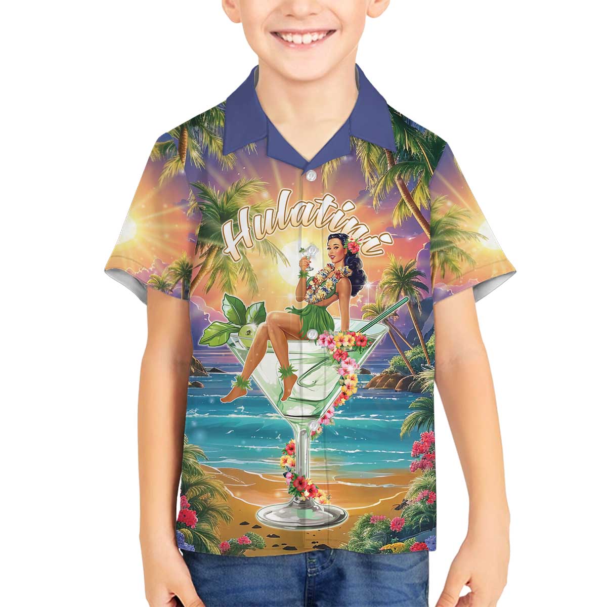 Aloha Hawaii Family Matching Off The Shoulder Long Sleeve Dress and Hawaiian Shirt Hula Martini Tropical Vibes LT05 Son's Shirt Colorful - Polynesian Pride