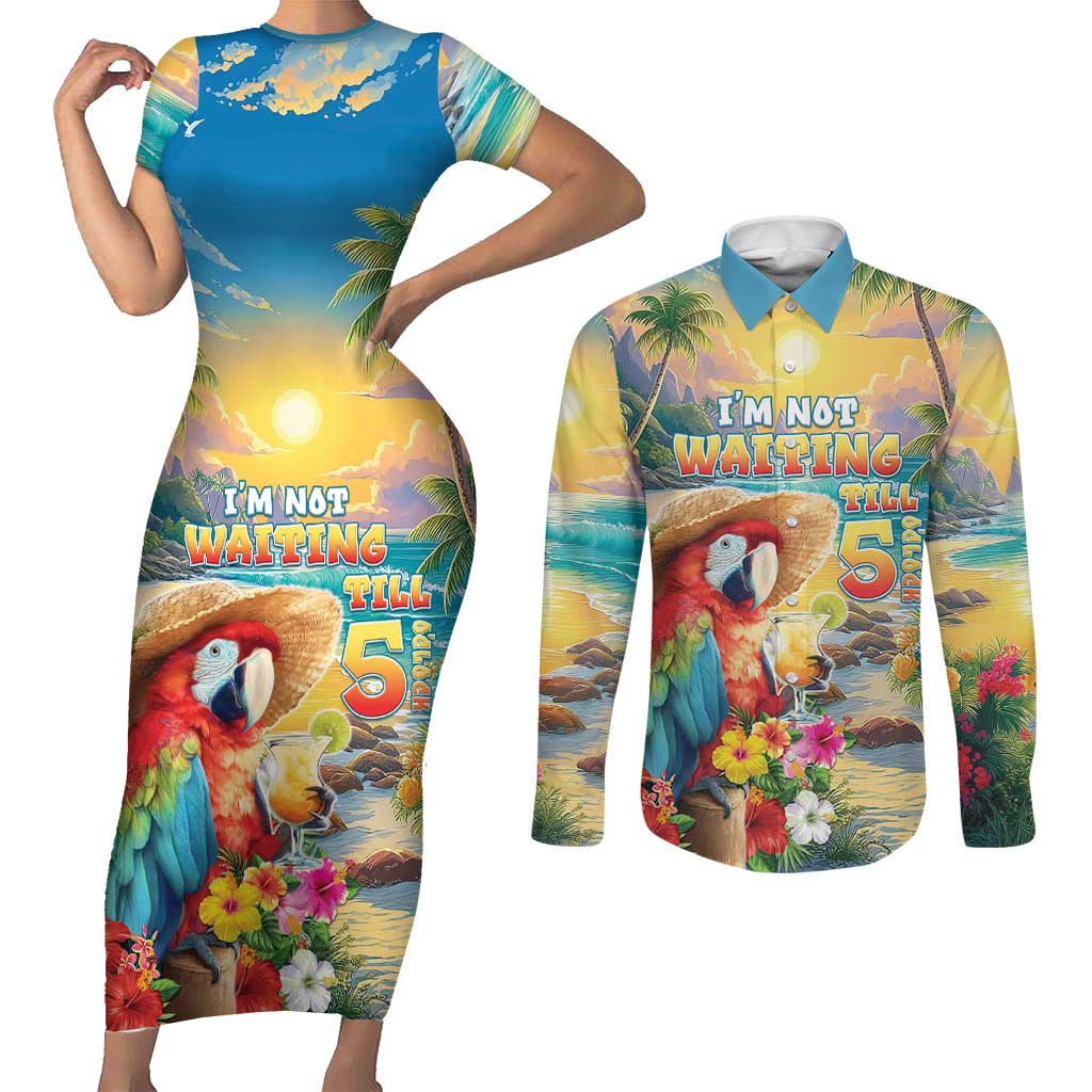 Hawaii Parrot Couples Matching Short Sleeve Bodycon Dress and Long Sleeve Button Shirt Im Not Waiting Till 5 Oclock LT05 Colorful - Polynesian Pride