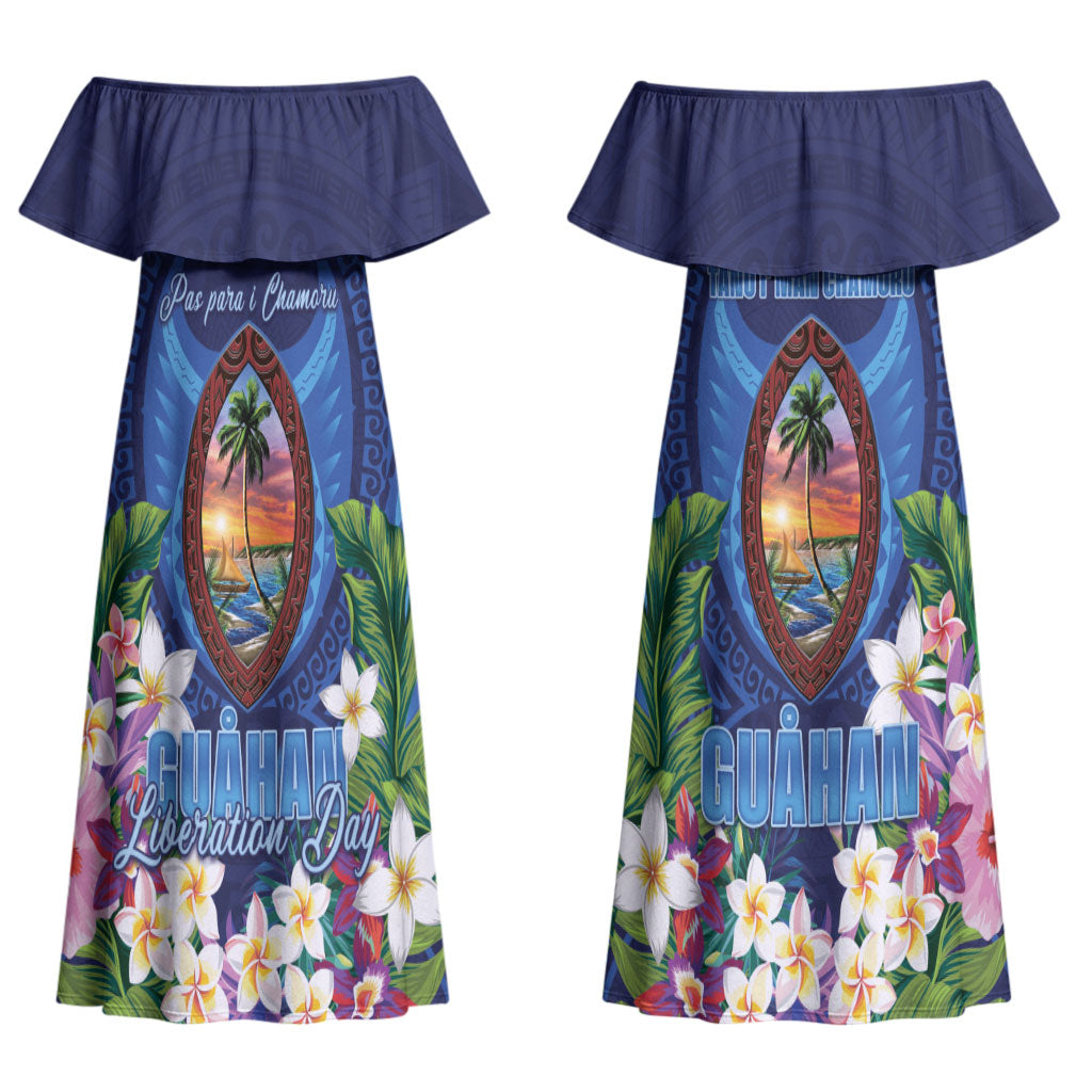 Guam Liberation Day Couples Matching Off Shoulder Maxi Dress and Hawaiian Shirt Pas Para I Chamoru