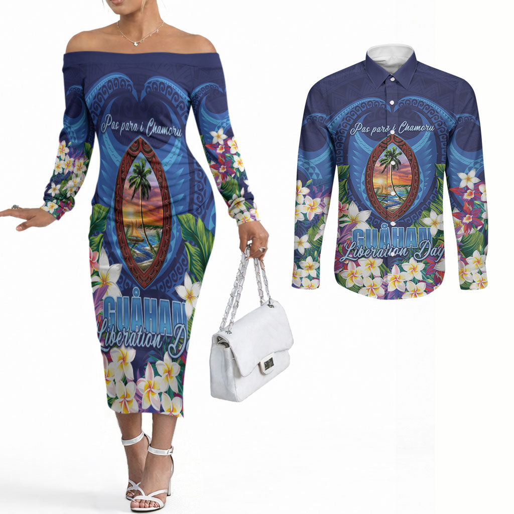Guam Liberation Day Couples Matching Off The Shoulder Long Sleeve Dress and Long Sleeve Button Shirt Pas Para I Chamoru