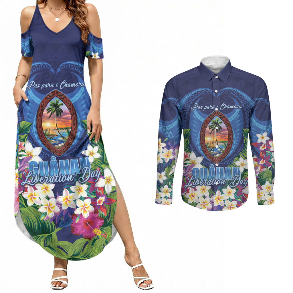 Guam Liberation Day Couples Matching Summer Maxi Dress and Long Sleeve Button Shirt Pas Para I Chamoru