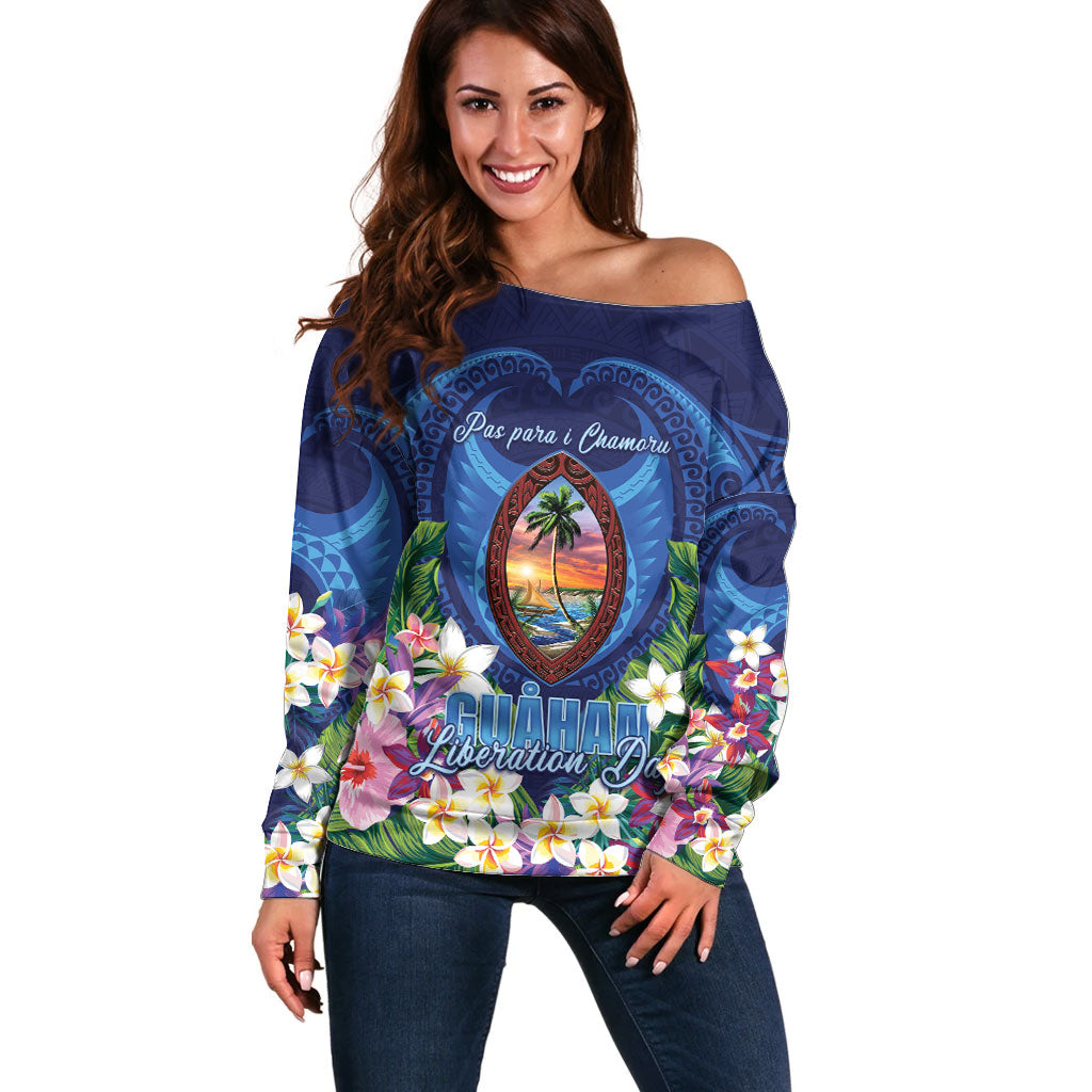 Guam Liberation Day Off Shoulder Sweater Pas Para I Chamoru LT05 Women Navy - Polynesian Pride