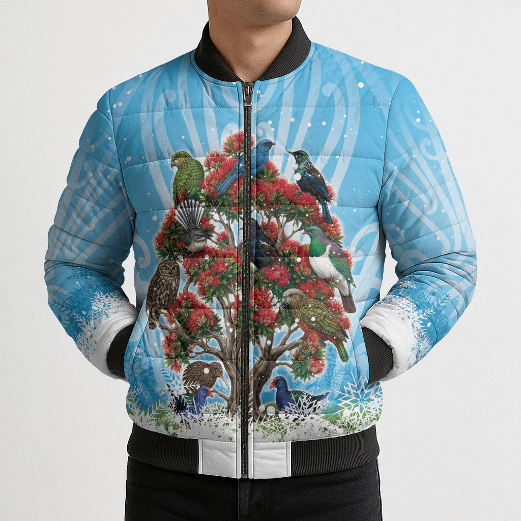 New Zealand Birds Christmas Bomber Puffer Jacket Pohutukawa Xmas Tree