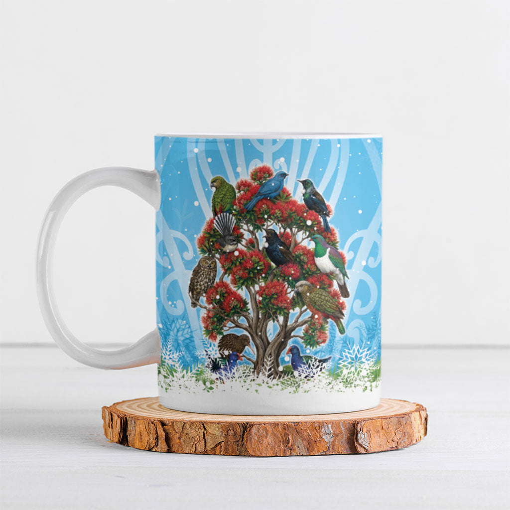 New Zealand Birds Christmas Ceramic Mug Pohutukawa Xmas Tree LT05 Blue - Polynesian Pride