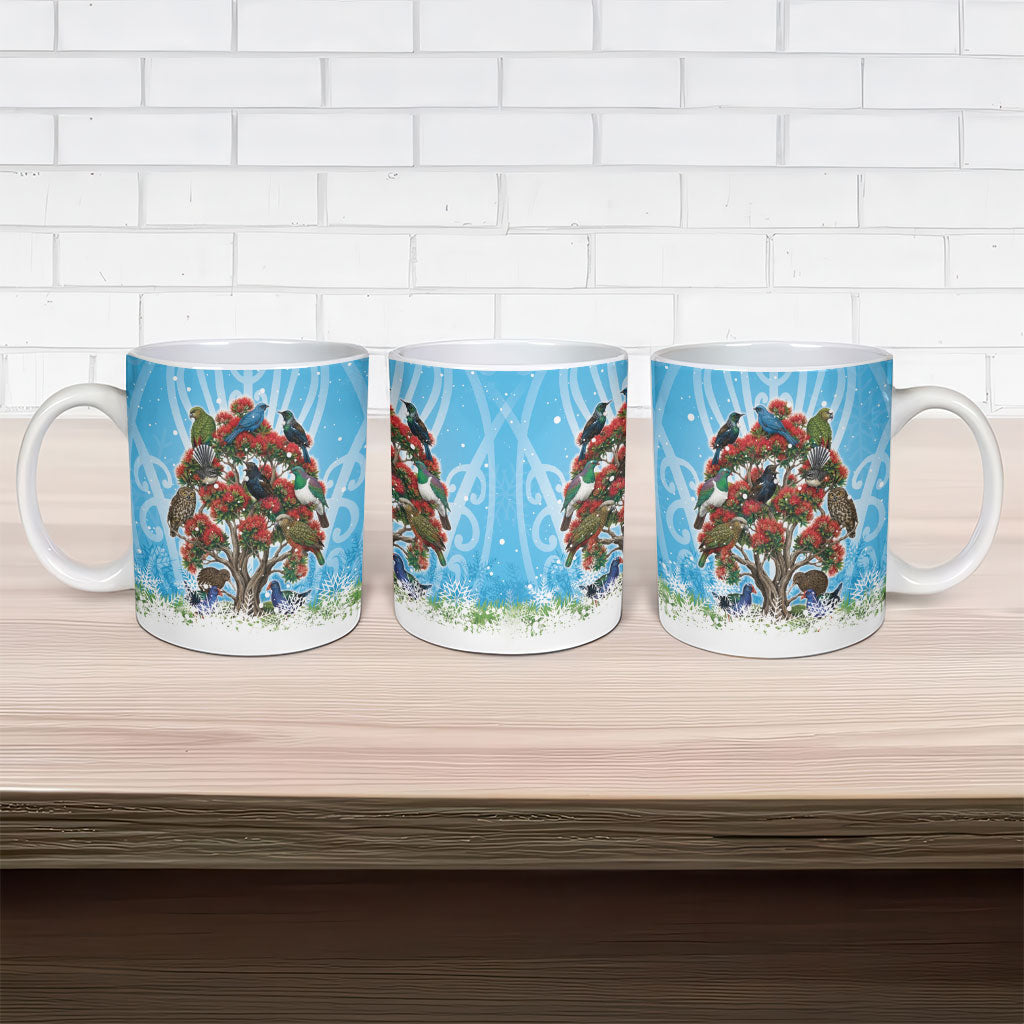New Zealand Birds Christmas Ceramic Mug Pohutukawa Xmas Tree