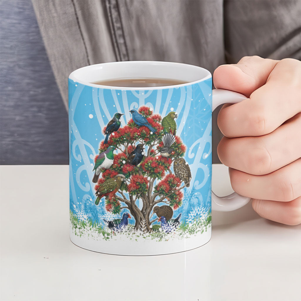 New Zealand Birds Christmas Ceramic Mug Pohutukawa Xmas Tree