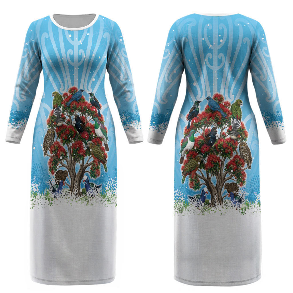 New Zealand Birds Christmas Couples Matching Long Sleeve Bodycon Dress and Long Sleeve Button Shirt Pohutukawa Xmas Tree