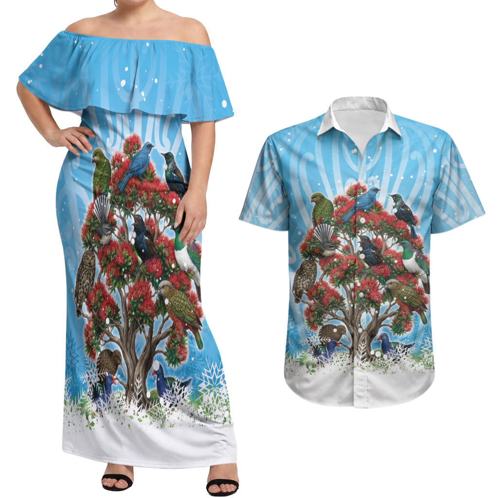 New Zealand Birds Christmas Couples Matching Off Shoulder Maxi Dress and Hawaiian Shirt Pohutukawa Xmas Tree