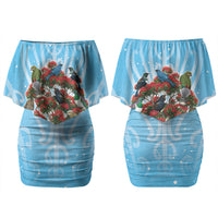 New Zealand Birds Christmas Couples Matching Off Shoulder Short Dress and Long Sleeve Button Shirt Pohutukawa Xmas Tree