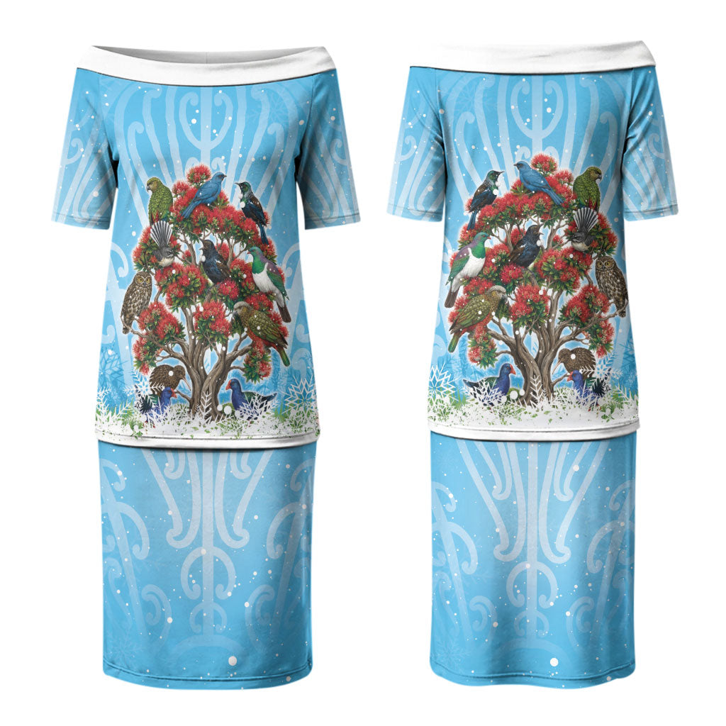 New Zealand Birds Christmas Couples Matching Puletasi and Long Sleeve Button Shirt Pohutukawa Xmas Tree