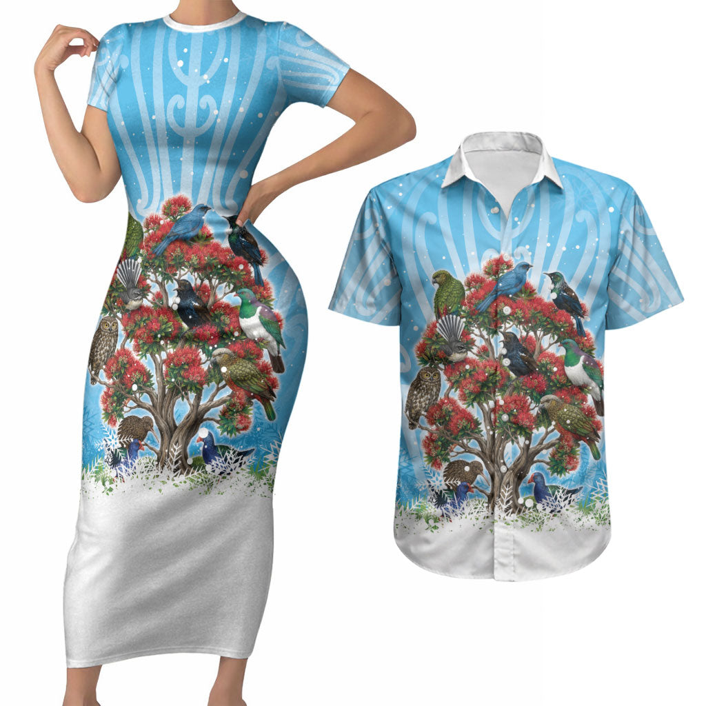 New Zealand Birds Christmas Couples Matching Short Sleeve Bodycon Dress and Hawaiian Shirt Pohutukawa Xmas Tree LT05 Blue - Polynesian Pride