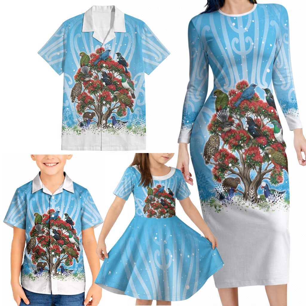 New Zealand Birds Christmas Family Matching Long Sleeve Bodycon Dress and Hawaiian Shirt Pohutukawa Xmas Tree LT05 - Polynesian Pride