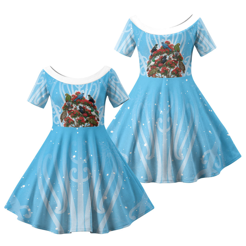 New Zealand Birds Christmas Family Matching Off The Shoulder Long Sleeve Dress and Hawaiian Shirt Pohutukawa Xmas Tree