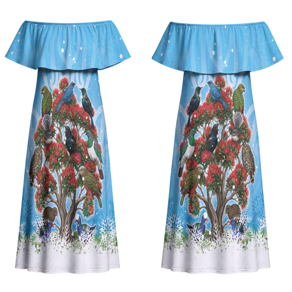 New Zealand Birds Christmas Family Matching Off Shoulder Maxi Dress and Hawaiian Shirt Pohutukawa Xmas Tree