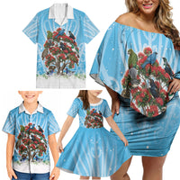 New Zealand Birds Christmas Family Matching Off Shoulder Short Dress and Hawaiian Shirt Pohutukawa Xmas Tree