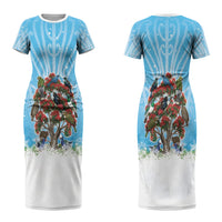 New Zealand Birds Christmas Family Matching Short Sleeve Bodycon Dress and Hawaiian Shirt Pohutukawa Xmas Tree