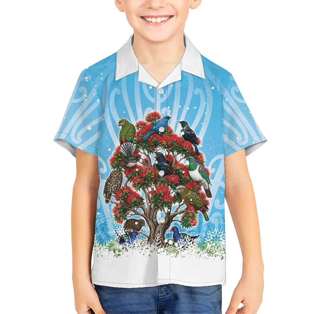 New Zealand Birds Christmas Kid Hawaiian Shirt Pohutukawa Xmas Tree