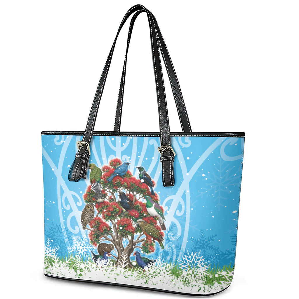 New Zealand Birds Christmas Leather Tote Bag Pohutukawa Xmas Tree