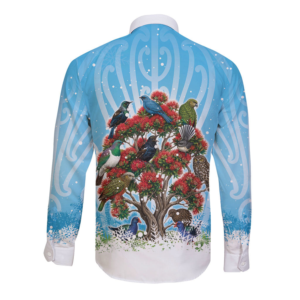 New Zealand Birds Christmas Long Sleeve Button Shirt Pohutukawa Xmas Tree