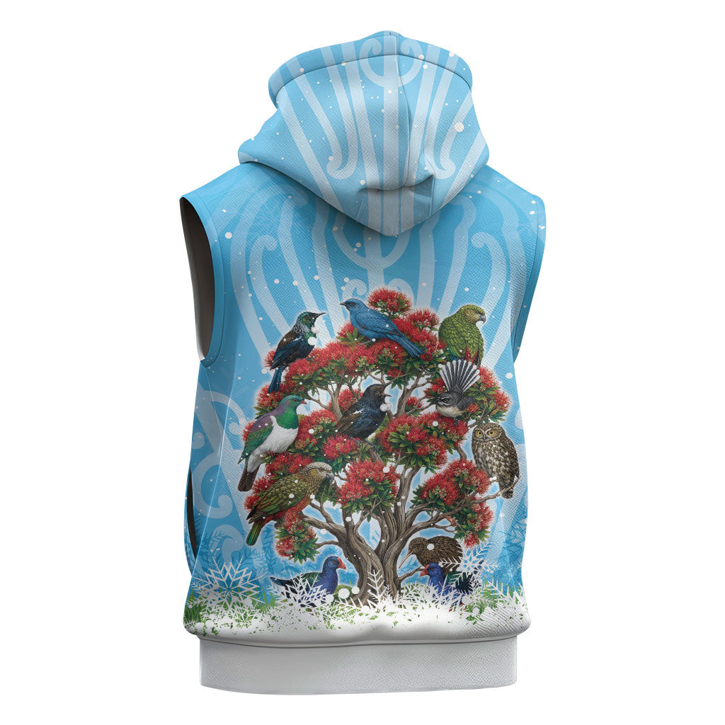 New Zealand Birds Christmas Sleeveless Hoodie Pohutukawa Xmas Tree