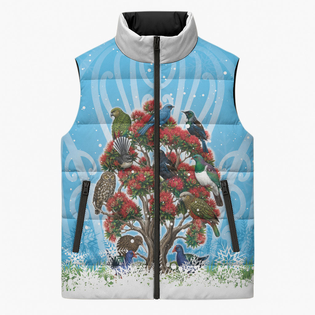 New Zealand Birds Christmas Sleeveless Puffer Jacket Pohutukawa Xmas Tree