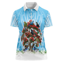 New Zealand Birds Christmas Women Polo Shirt Pohutukawa Xmas Tree