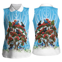 New Zealand Birds Christmas Women Sleeveless Polo Shirt Pohutukawa Xmas Tree