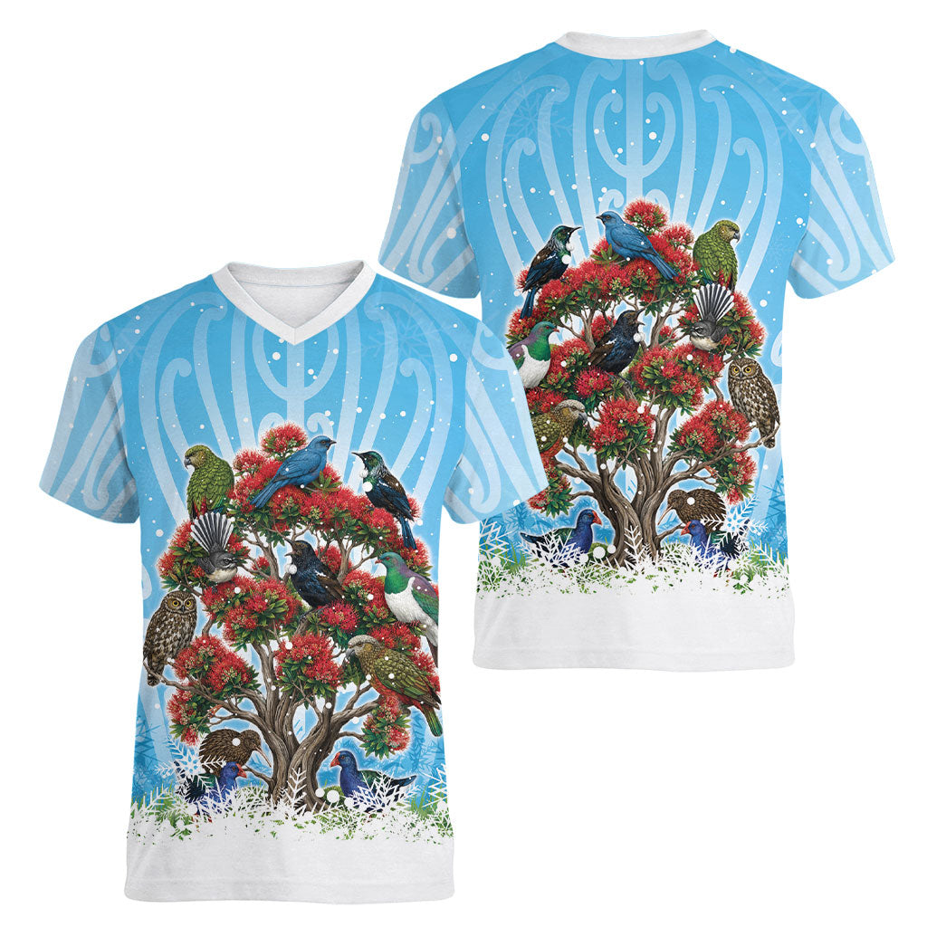 New Zealand Birds Christmas Women V-Neck T-Shirt Pohutukawa Xmas Tree