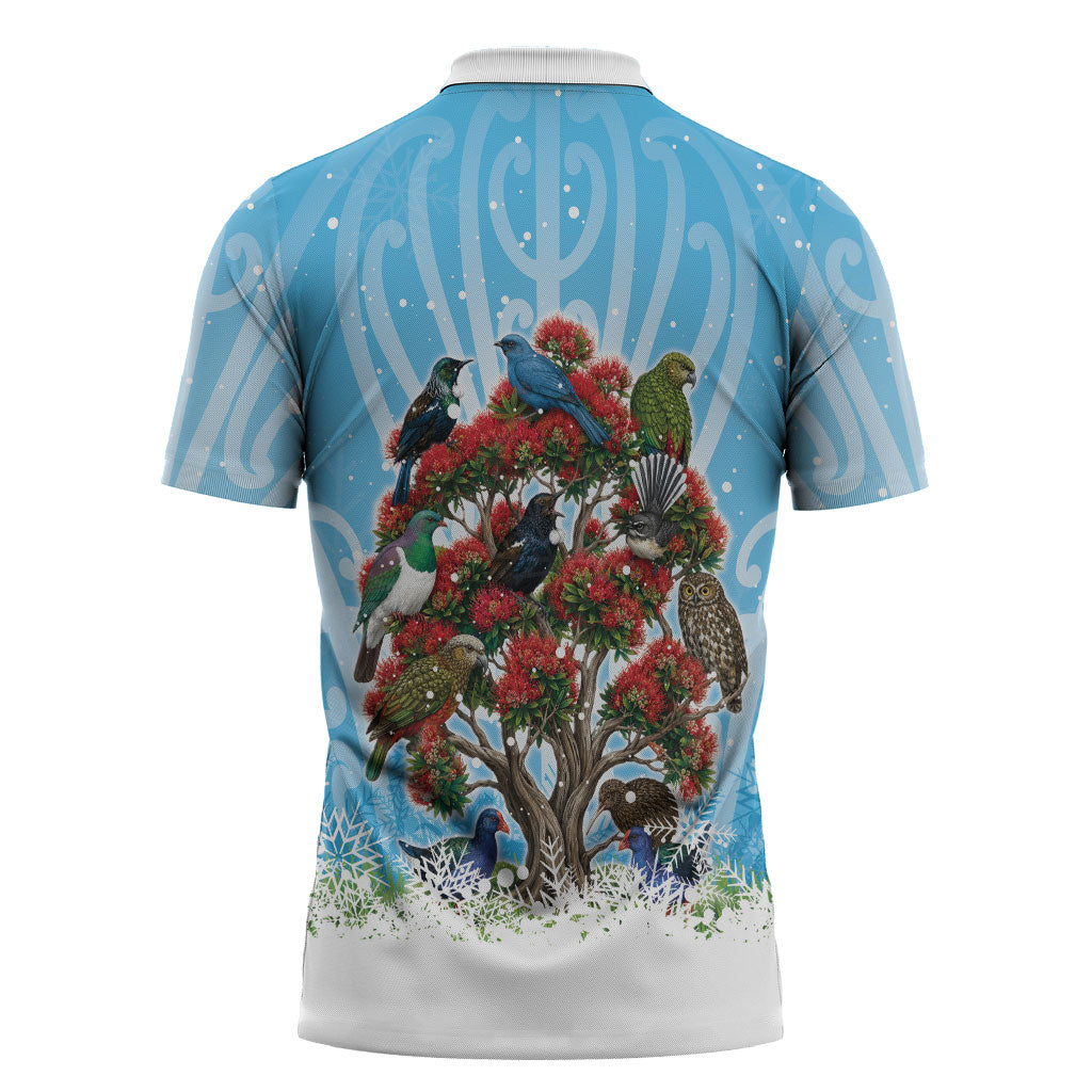 New Zealand Birds Christmas Zipper Polo Shirt Pohutukawa Xmas Tree