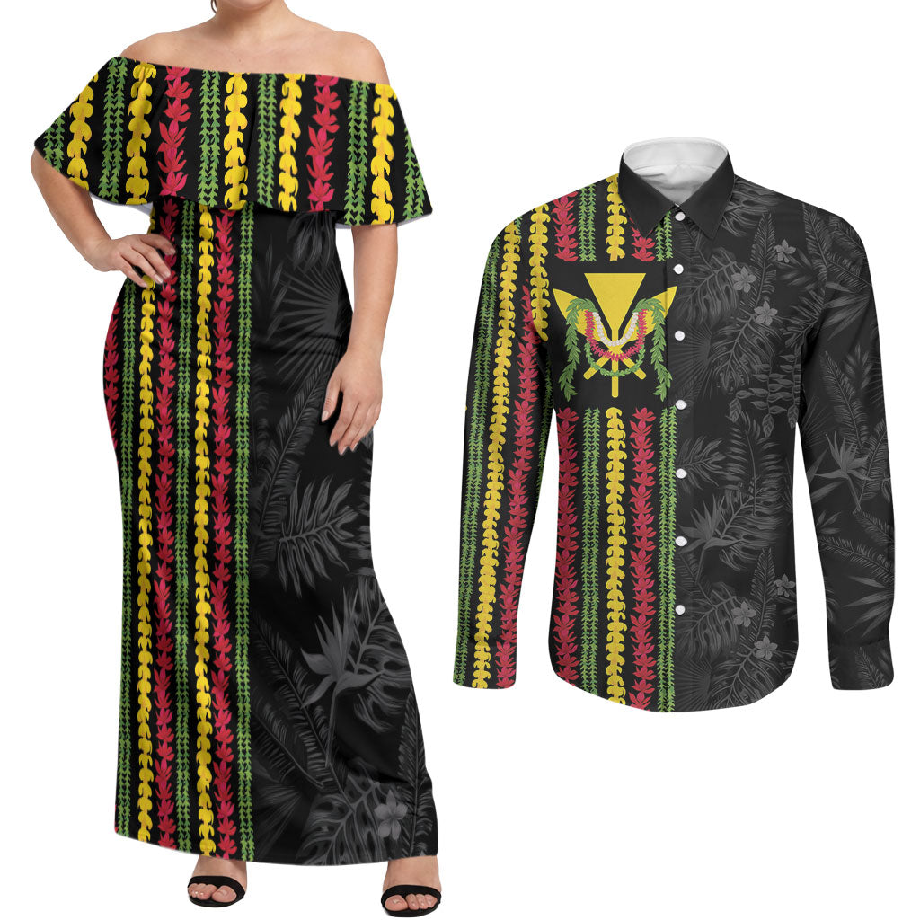 Hawaii Lei Kanaka Maoli Flag Couples Matching Off Shoulder Maxi Dress and Long Sleeve Button Shirt Tropical Vibes
