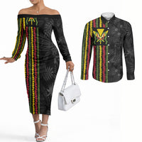 Hawaii Lei Kanaka Maoli Flag Couples Matching Off The Shoulder Long Sleeve Dress and Long Sleeve Button Shirt Tropical Vibes
