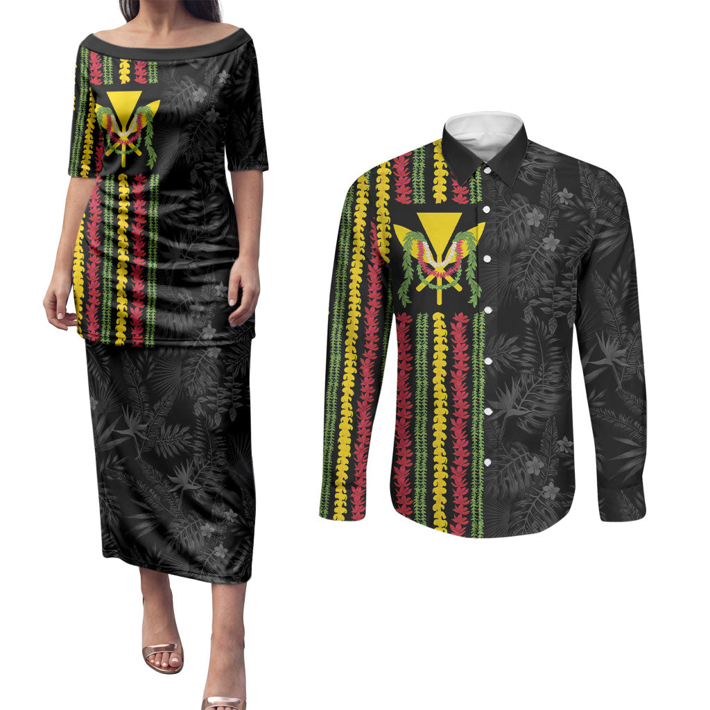Hawaii Lei Kanaka Maoli Flag Couples Matching Puletasi and Long Sleeve Button Shirt Tropical Vibes