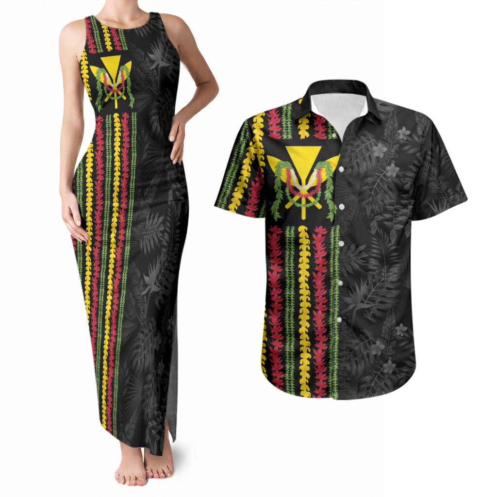Hawaii Lei Kanaka Maoli Flag Couples Matching Tank Maxi Dress and Hawaiian Shirt Tropical Vibes LT05 Black - Polynesian Pride