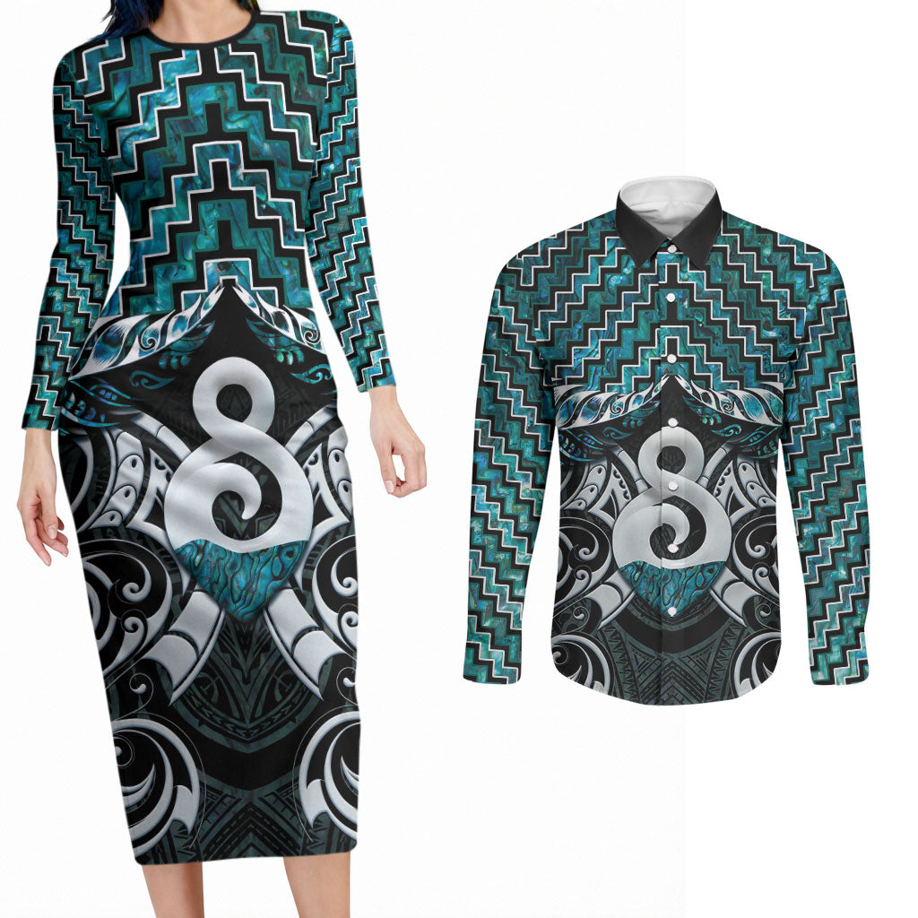 New Zealand Maori Couples Matching Long Sleeve Bodycon Dress and Long Sleeve Button Shirt Poutama Pikorua - Single Twist Paua Shell