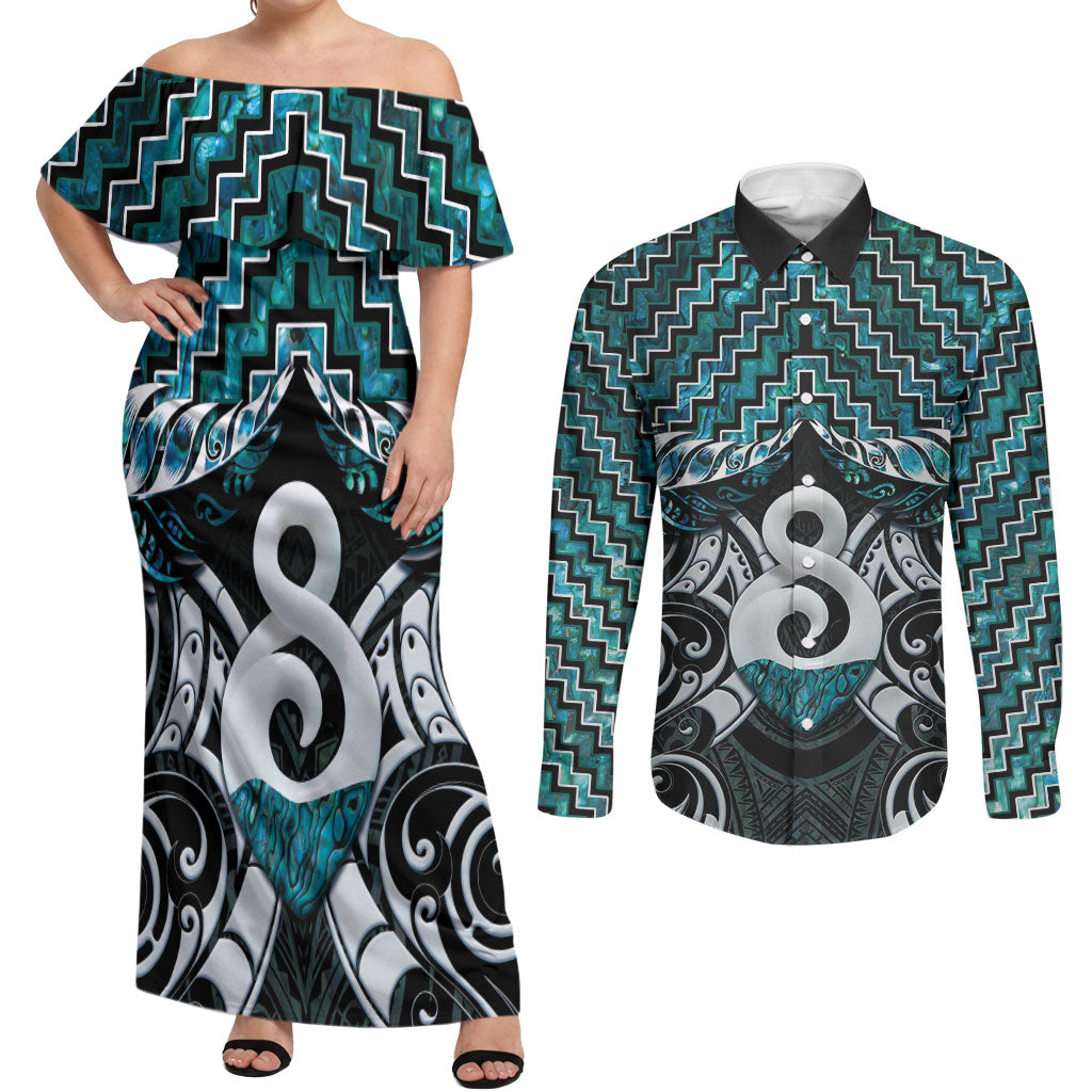 New Zealand Maori Couples Matching Off Shoulder Maxi Dress and Long Sleeve Button Shirt Poutama Pikorua - Single Twist Paua Shell