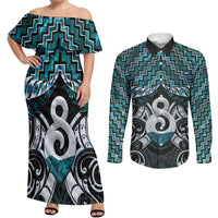 New Zealand Maori Couples Matching Off Shoulder Maxi Dress and Long Sleeve Button Shirt Poutama Pikorua - Single Twist Paua Shell