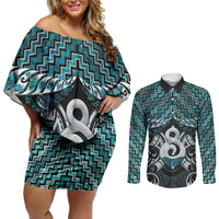 New Zealand Maori Couples Matching Off Shoulder Short Dress and Long Sleeve Button Shirt Poutama Pikorua - Single Twist Paua Shell