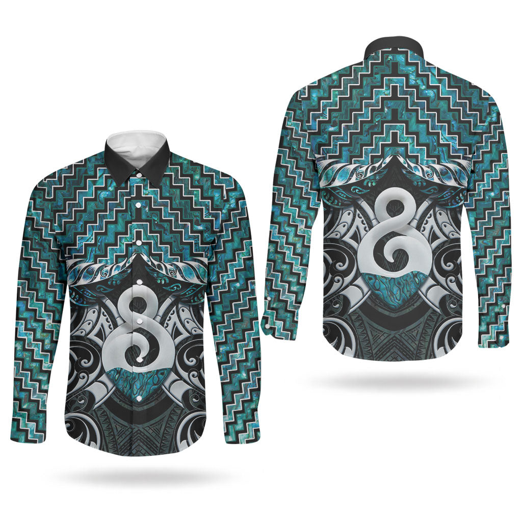 New Zealand Maori Couples Matching Off The Shoulder Long Sleeve Dress and Long Sleeve Button Shirt Poutama Pikorua - Single Twist Paua Shell