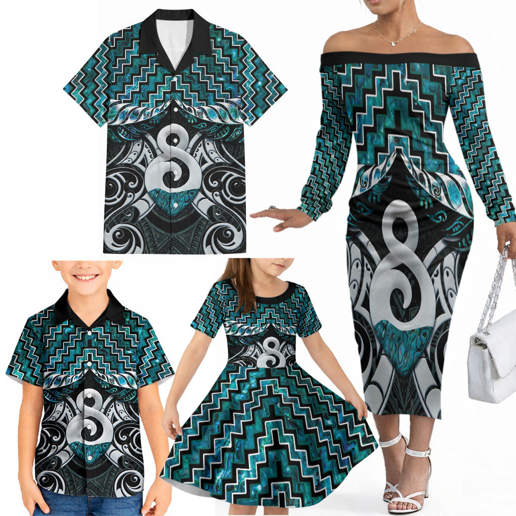 New Zealand Maori Family Matching Off The Shoulder Long Sleeve Dress and Hawaiian Shirt Poutama Pikorua - Single Twist Paua Shell