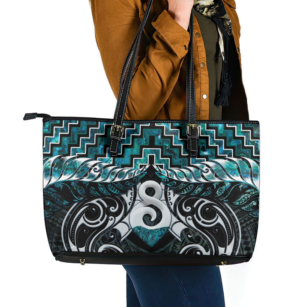 New Zealand Maori Leather Tote Bag Poutama Pikorua - Single Twist Paua Shell