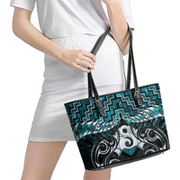 New Zealand Maori Leather Tote Bag Poutama Pikorua - Single Twist Paua Shell